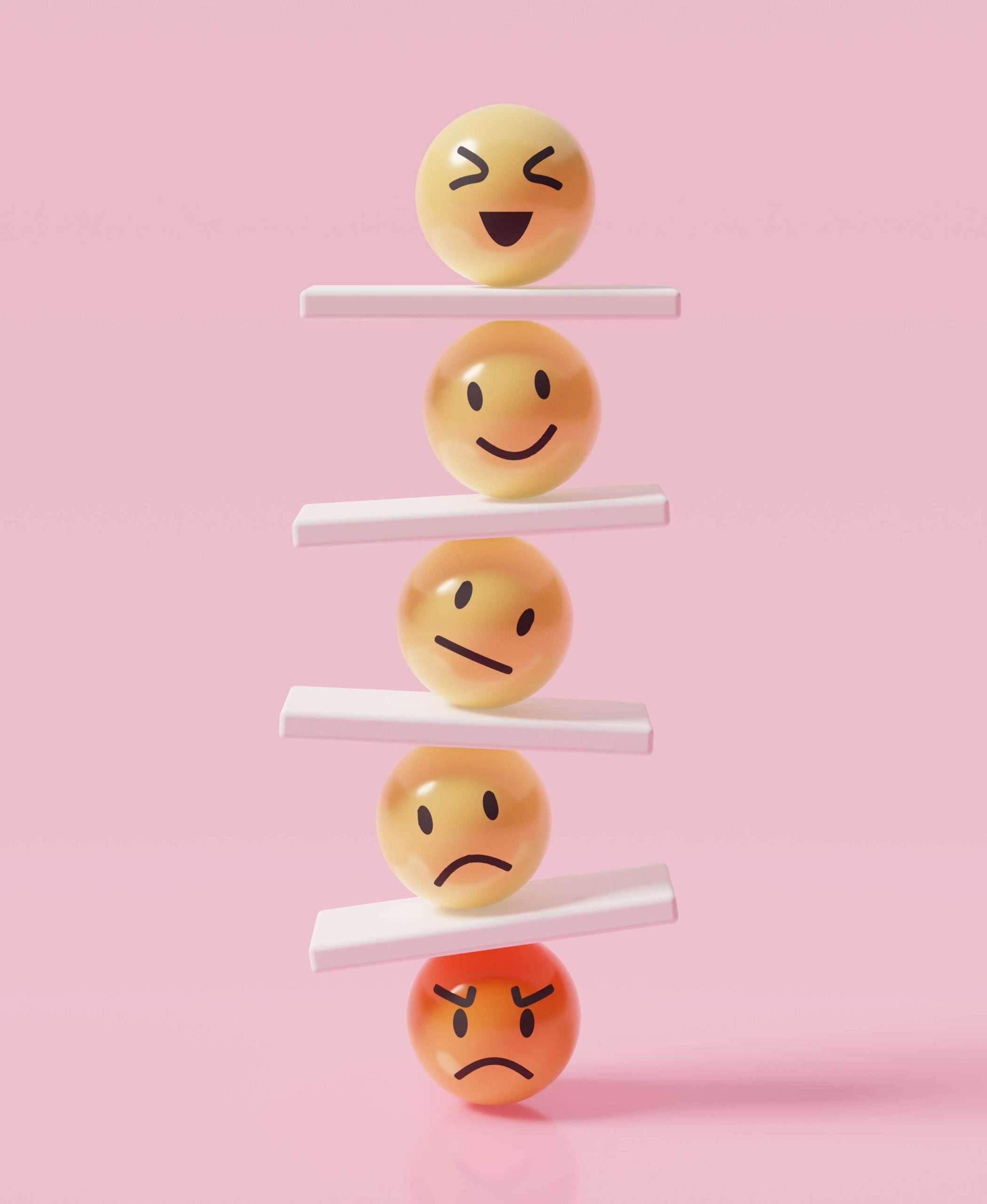 Emoji-emoticons-vertically-arranging-with-seesaws,-emotional-control-for-career-success-and-wellbeing-concept,-3d-render-illustration